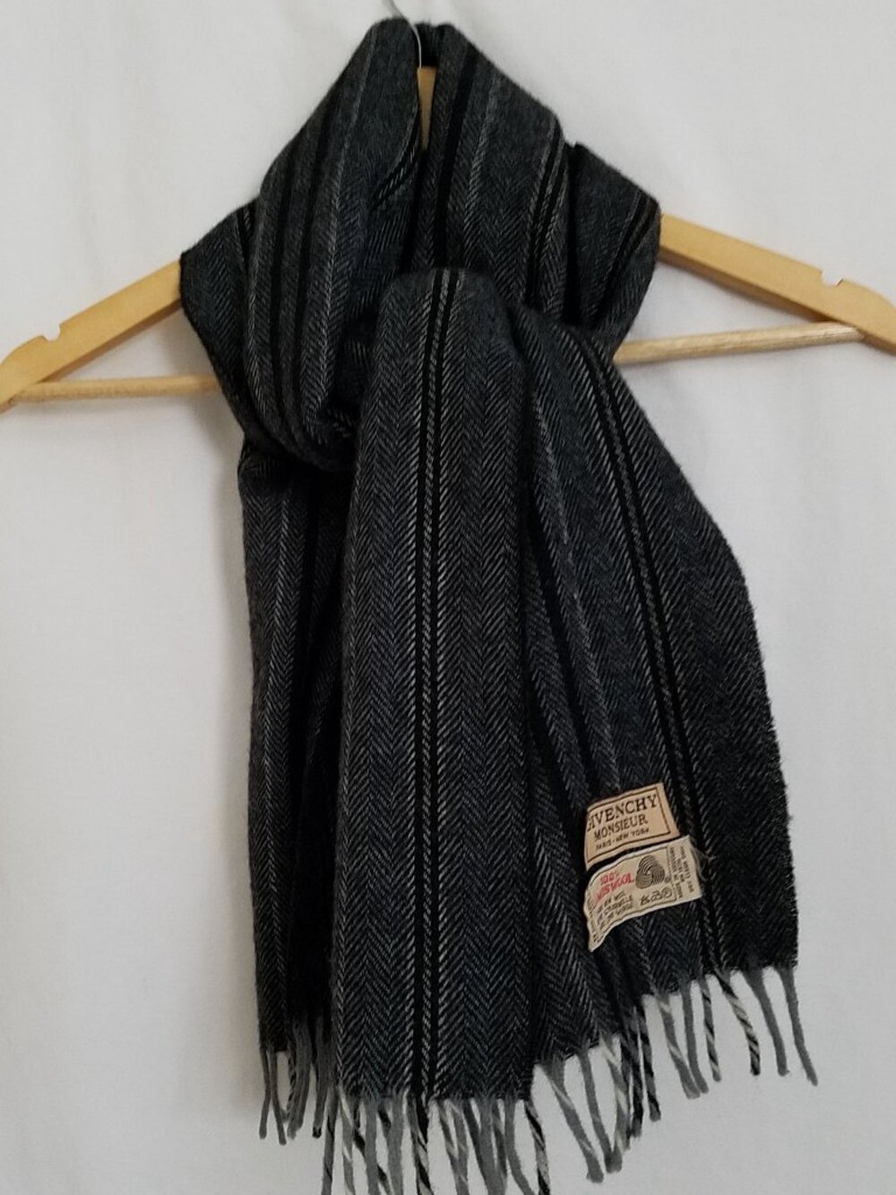 Givenchy Monsieur 100% Lambswool Scarf Gray Black | 5 Small Holes | Made in Urug